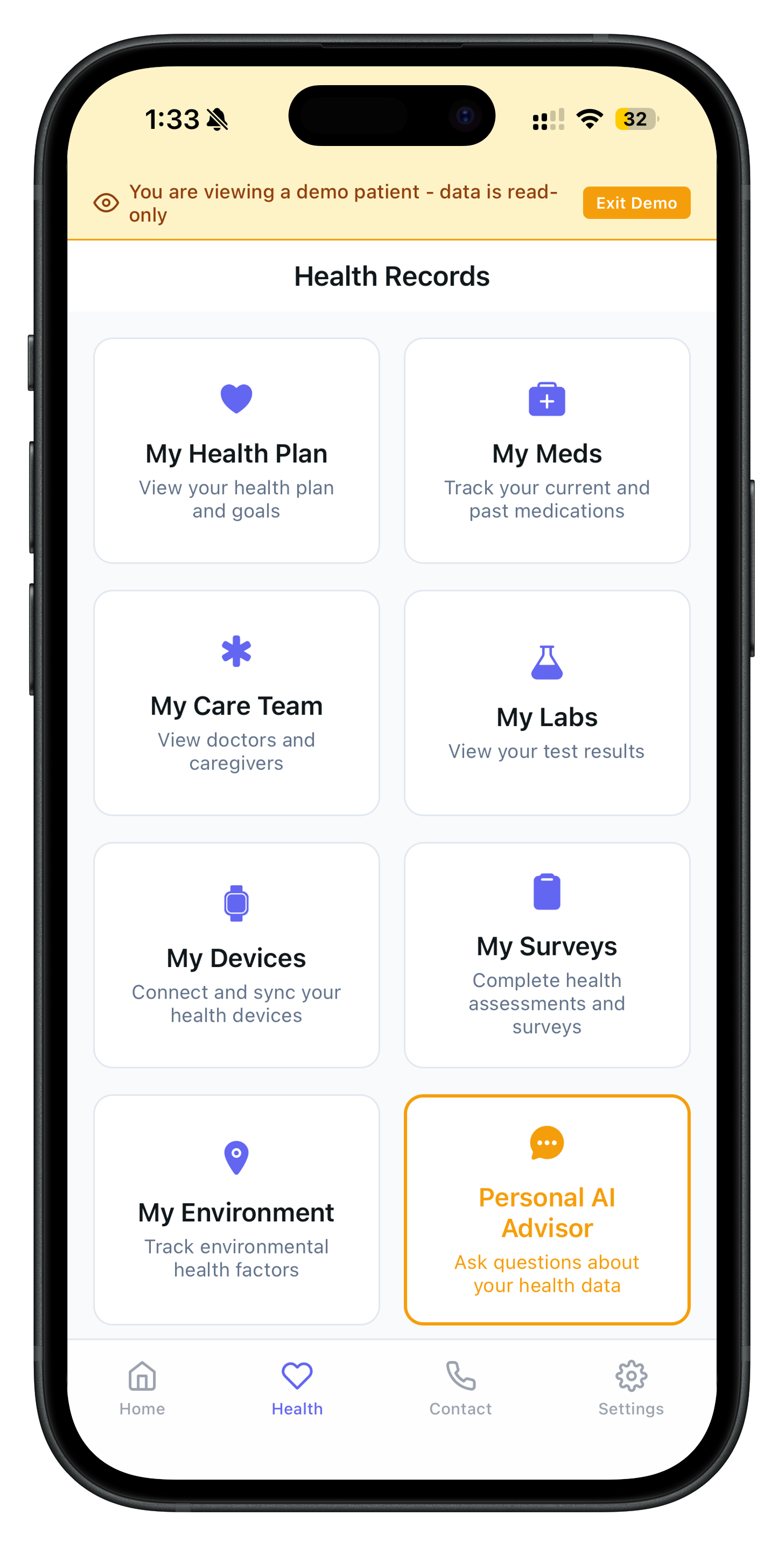 MyMoBeMap App - Health Records dashboard showing My Health Plan, My Meds, My Care Team, My Labs, My Devices, My Surveys, My Environment, and Personal AI Advisor