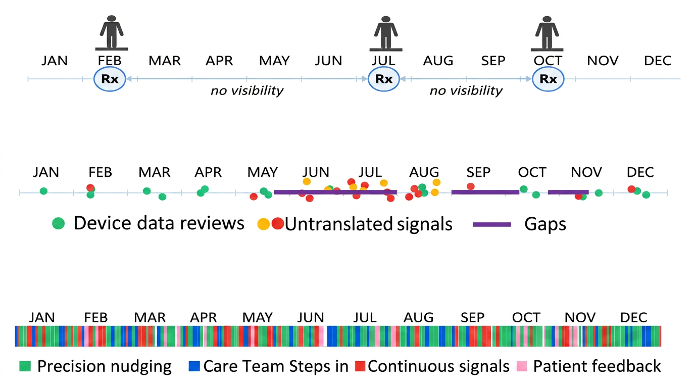 Comparison of traditional episodic care, remote monitoring with gaps, and CareCentra's continuous connected care model